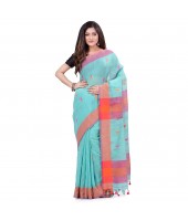 dB DESH BIDESH Women`s Traditional Bengali Tant Handloom Cotton Saree Prism Desigined With Blouse Piece (Blue Orange)