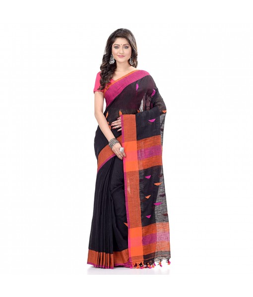 dB DESH BIDESH Women`s Traditional Bengali Tant Handloom Cotton Saree Prism Desigined With Blouse Piece (Black Orange)