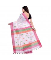 dB DESH BIDESH Women`s Traditional Bengali Tant Handloom Cotton Saree Prism Desigined With Blouse Piece (White Pink)