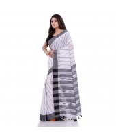 DESH BIDESH Women`s Traditional Bengali Tant Handloom Pure Cotton Saree Piramide Design With Blouse Piece(White Black)