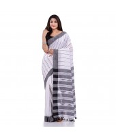 DESH BIDESH Women`s Traditional Bengali Tant Handloom Pure Cotton Saree Piramide Design With Blouse Piece(White Black)