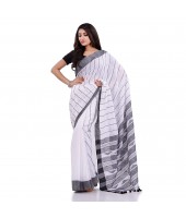 DESH BIDESH Women`s Traditional Bengali Tant Handloom Pure Cotton Saree Piramide Design With Blouse Piece(White Black)