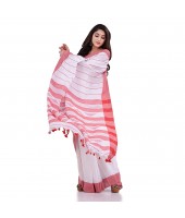 DESH BIDESH Women`s Traditional Bengali Tant Handloom Pure Cotton Saree Piramide Design With Blouse Piece(White Red)