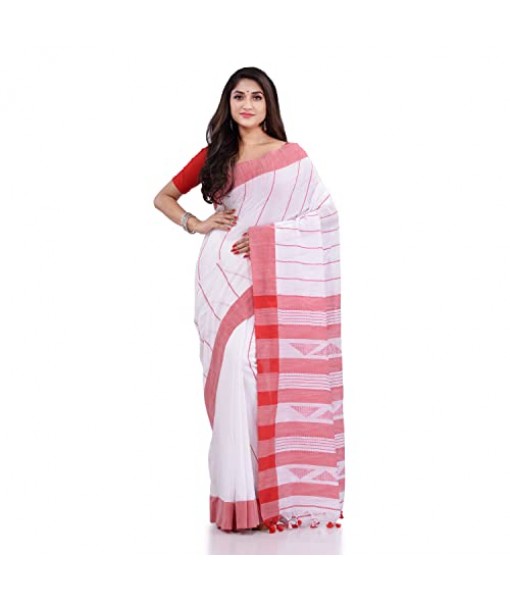 DESH BIDESH Women`s Traditional Bengali Tant Handloom Pure Cotton Saree Piramide Design With Blouse Piece(White Red)