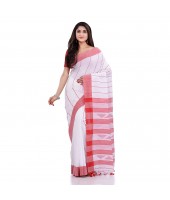 DESH BIDESH Women`s Traditional Bengali Tant Handloom Pure Cotton Saree Piramide Design With Blouse Piece(White Red)