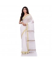 DESH BIDESH Women`s Traditional Cotton Blend Handloom White Golden South Indian Design Saree Without Blouse Piece (Onam Festival)