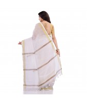 DESH BIDESH Women`s Traditional Cotton Blend Handloom White Golden South Indian Design Saree Without Blouse Piece (Onam Festival)