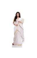 DESH BIDESH Women`s Traditional Cotton Blend Handloom White Golden South Indian Design Saree Without Blouse Piece (Onam Festival)