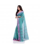 Women`s Traditional Pure Cotton Handloom Saree Chotushkone Woven Designer Without Blouse Piece(Firoza)