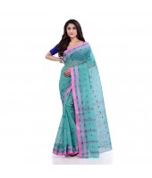 Women`s Traditional Pure Cotton Handloom Saree Chotushkone Woven Designer Without Blouse Piece(Firoza)