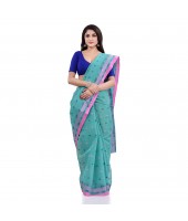 Women`s Traditional Pure Cotton Handloom Saree Chotushkone Woven Designer Without Blouse Piece(Firoza)