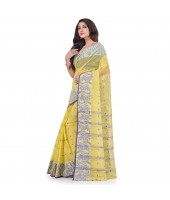 DESH BIDESH Women`s Traditional Pure Handloom Cotton Saree Flower Floral Woven Designer Without Blouse Piece (Yellow)