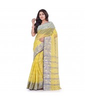 DESH BIDESH Women`s Traditional Pure Handloom Cotton Saree Flower Floral Woven Designer Without Blouse Piece (Yellow)