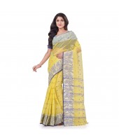 DESH BIDESH Women`s Traditional Pure Handloom Cotton Saree Flower Floral Woven Designer Without Blouse Piece (Yellow)