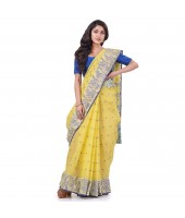 DESH BIDESH Women`s Traditional Pure Handloom Cotton Saree Flower Floral Woven Designer Without Blouse Piece (Yellow)