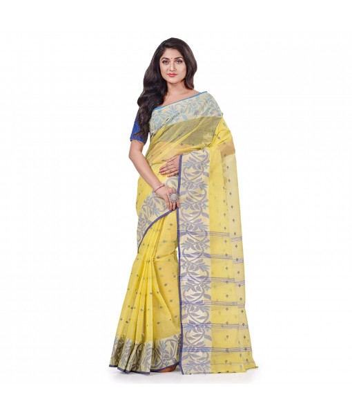 DESH BIDESH Women`s Traditional Pure Handloom Cotton Saree Flower Floral Woven Designer Without Blouse Piece (Yellow)