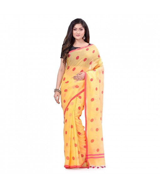 dB DESH BIDESH Women`s Traditional Soft Mulmul Polka Dots Design Pure Cotton Handloom Saree Without Blouse Piece Yellow Red