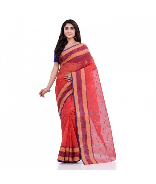 Women`s Traditional Tant Pure Cotton Handloom Blue Saree Woven Sudarshana Designer Without Blouse Piece