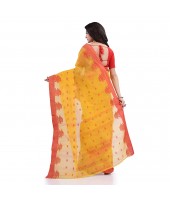 DESH BIDESH Women`s Traditional Tant Pure Handloom Cotton Saree Woven Tri Flower Designer Without Blouse Piece (Yellow Red)