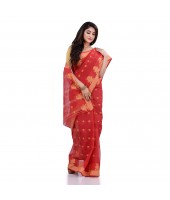 dB DESH BIDESH Women`s Traditional Tant Pure Handloom Cotton Saree Woven Tri Flower Designer Without Blouse Piece (Red)