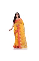 DESH BIDESH Women`s Traditional Tant Pure Handloom Cotton Saree Woven Tri Flower Designer Without Blouse Piece (Yellow Red)