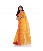 DESH BIDESH Women`s Traditional Tant Pure Handloom Cotton Saree Woven Tri Flower Designer Without Blouse Piece (Yellow Red)