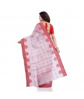 DESH BIDESH Women`s Traditional Tant Pure Handloom Cotton Saree Woven Tri Flower Designer Without Blouse Piece (Red White)