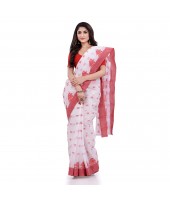 DESH BIDESH Women`s Traditional Tant Pure Handloom Cotton Saree Woven Tri Flower Designer Without Blouse Piece (Red White)