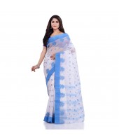 DESH BIDESH Women`s Traditional Tant Pure Handloom Cotton Saree Woven Tri Flower Designer Without Blouse Piece (Blue White)