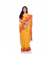 DESH BIDESH Women`s Traditional Tant Pure Handloom Cotton Saree Woven Tri Flower Designer Without Blouse Piece (Yellow Red)