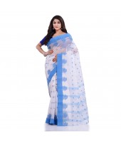 DESH BIDESH Women`s Traditional Tant Pure Handloom Cotton Saree Woven Tri Flower Designer Without Blouse Piece (Blue White)