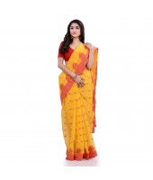 DESH BIDESH Women`s Traditional Tant Pure Handloom Cotton Saree Woven Tri Flower Designer Without Blouse Piece (Yellow Red)