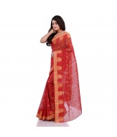 dB DESH BIDESH Women`s Traditional Tant Pure Handloom Cotton Saree Woven Tri Flower Designer Without Blouse Piece (Red)