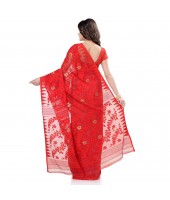 dB Desh Bidesh Women`s Bengal Handloom Tant Dhakai Jamdani Cotton Saree Whole Body Design (White Red)