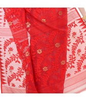 dB Desh Bidesh Women`s Bengal Handloom Tant Dhakai Jamdani Cotton Saree Whole Body Design (White Red)