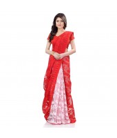 dB Desh Bidesh Women`s Bengal Handloom Tant Dhakai Jamdani Cotton Saree Whole Body Design (White Red)