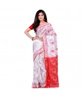 dB Desh Bidesh Women`s Bengal Handloom Tant Soft Dhakai Jamdani Cotton Saree Whole Body Design (White Red)