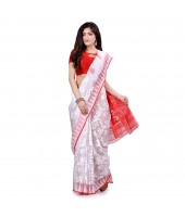 dB Desh Bidesh Women`s Bengal Handloom Tant Soft Dhakai Jamdani Cotton Saree Whole Body Design (White Red)