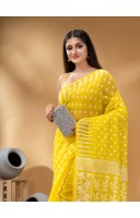  Resham Dhakai Jamdani Bengal Pure Cotton Handloom Saree Diamond Queen Design Yellow