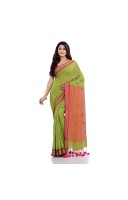 Women`s Traditional Bengali Tant Handloom Cotton Saree Galaxi Design With Blouse Piece (Green)