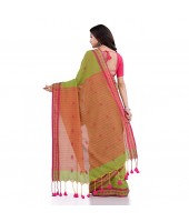 Women`s Traditional Bengali Tant Handloom Cotton Saree Galaxi Design With Blouse Piece (Green)