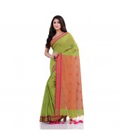 Women`s Traditional Bengali Tant Handloom Cotton Saree Galaxi Design With Blouse Piece (Green)