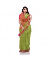 Women`s Traditional Bengali Tant Handloom Cotton Saree Galaxi Design With Blouse Piece (Green)