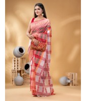 Bengal Cotton Women's Tant Cotton Saree (Red White)