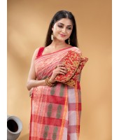 Bengal Cotton Women's Tant Cotton Saree (Red White)