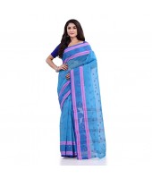 DESH BIDESH Women`s Traditional Tant Pure Handloom Cotton Saree Woven Kamal kolka Designer Without Blouse Piece (Blue)