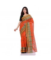 DESH BIDESH Women`s Traditional Pure Cotton Handloom Saree Woven Paisley Kolka Designer Without Blouse Piece (Orange)