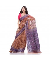 DESH BIDESH Women`s Hirokduti Resham Dhakai jamdani Bengal Pure Cotton Handloom Saree Whole Body Design without Blouse Piece (Orange Blue)