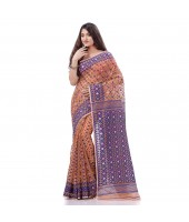 DESH BIDESH Women`s Hirokduti Resham Dhakai jamdani Bengal Pure Cotton Handloom Saree Whole Body Design without Blouse Piece (Orange Blue)