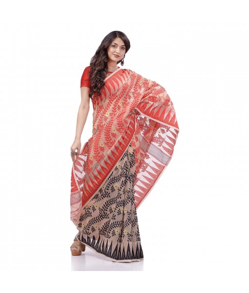 Tamarind Leaf Resham Dhakai Jamdani Bengal Pure Cotton Handloom Saree Whole Body Design without Blouse Piece (Red Black)